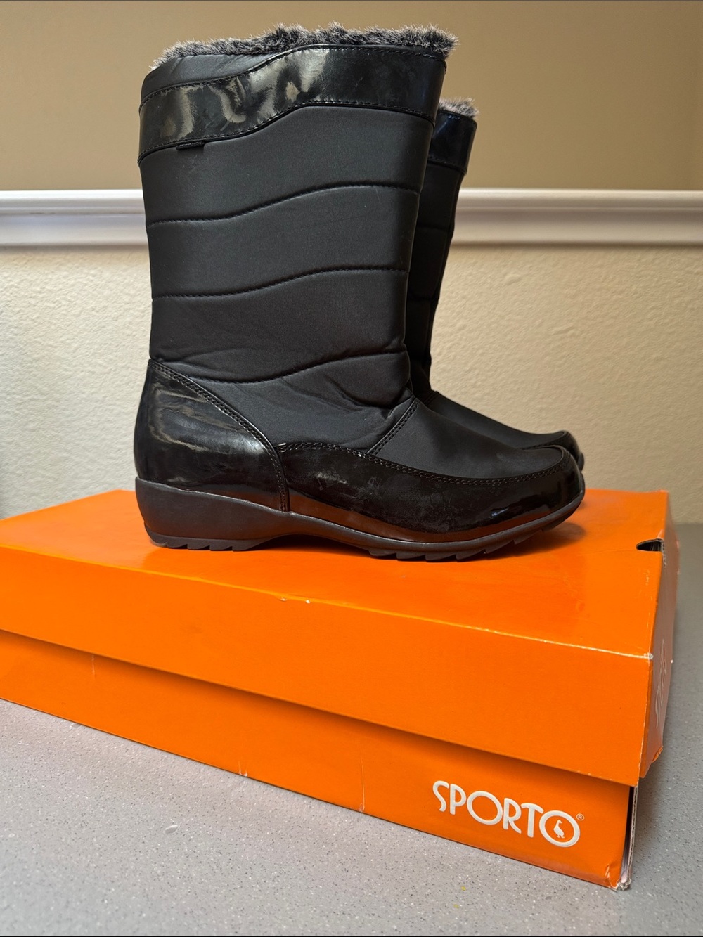 Sporto Agatha Black Mid-Calf Faux-Fur Trim Winter Boots